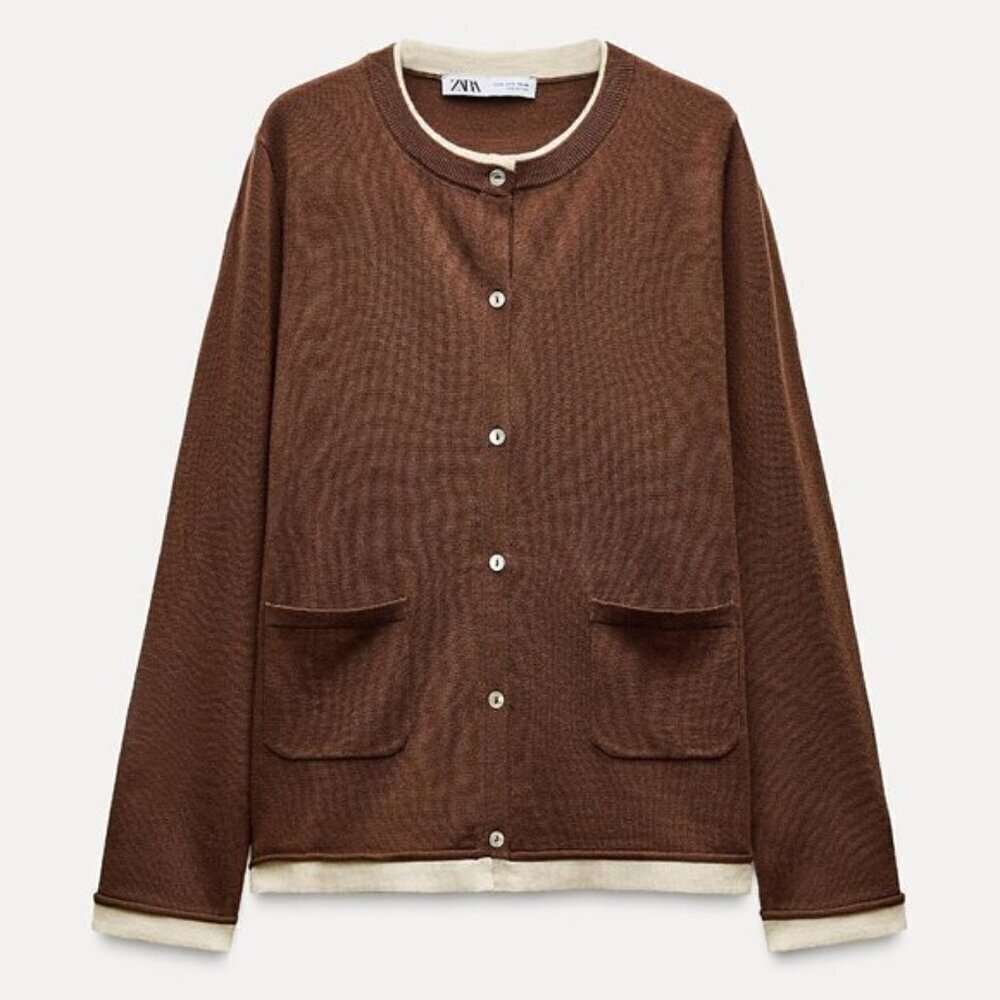 NWT Zara Contrast Trim Knit Cardigan Sweater Brown Long Sleeve Size Medium
